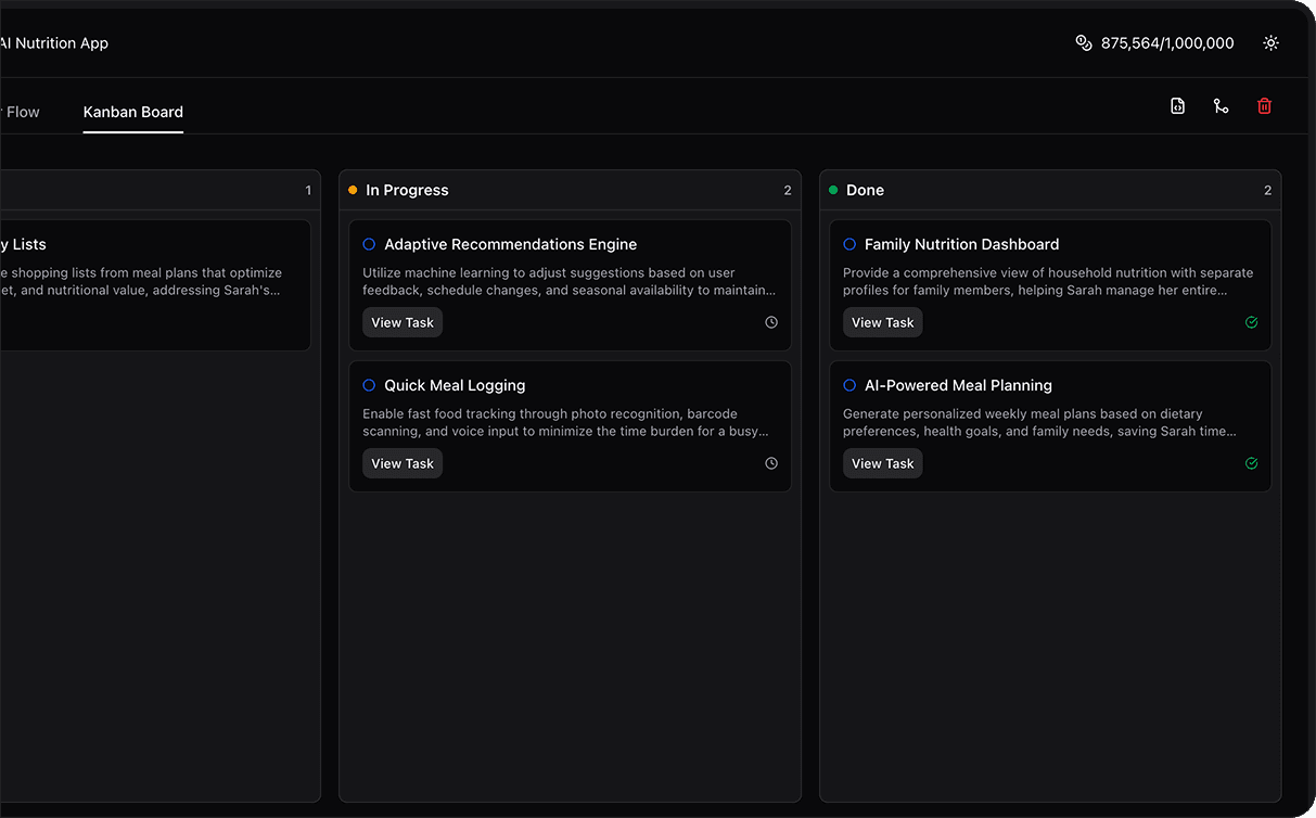 AI-generated Kanban board from PRD with prioritized tasks across Backlog, In Progress, and Done columns in MVP Copilot